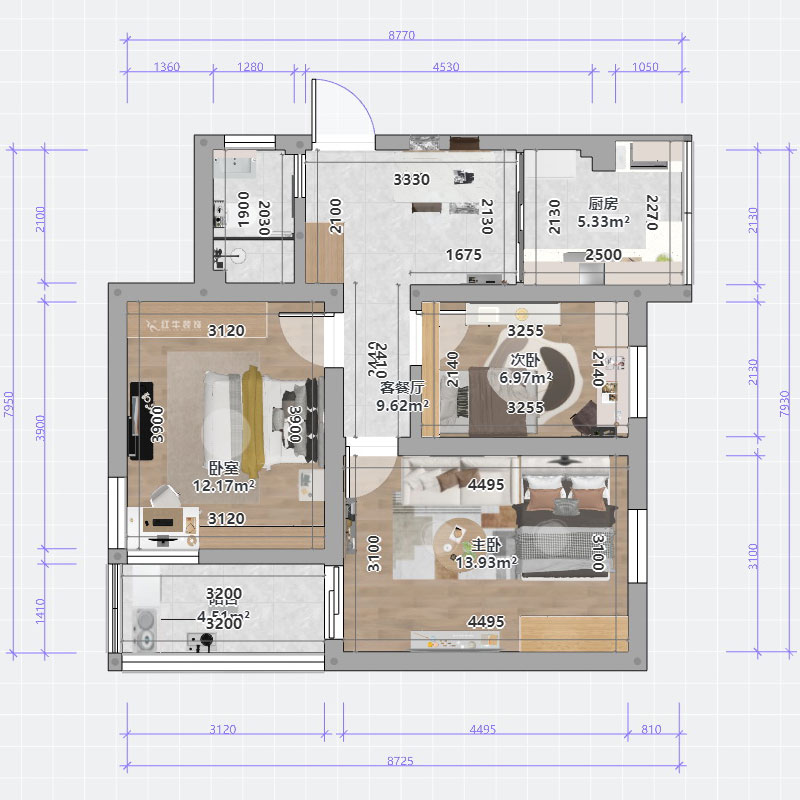 蒋琛｜成贤街92号院9-301-68㎡-现代简约风格｜3室1厅1卫｜老房装修｜定制家｜全包10万｜00_03平面彩图